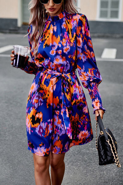 Printed Tie Waist Mock Neck Lantern Sleeve Dress