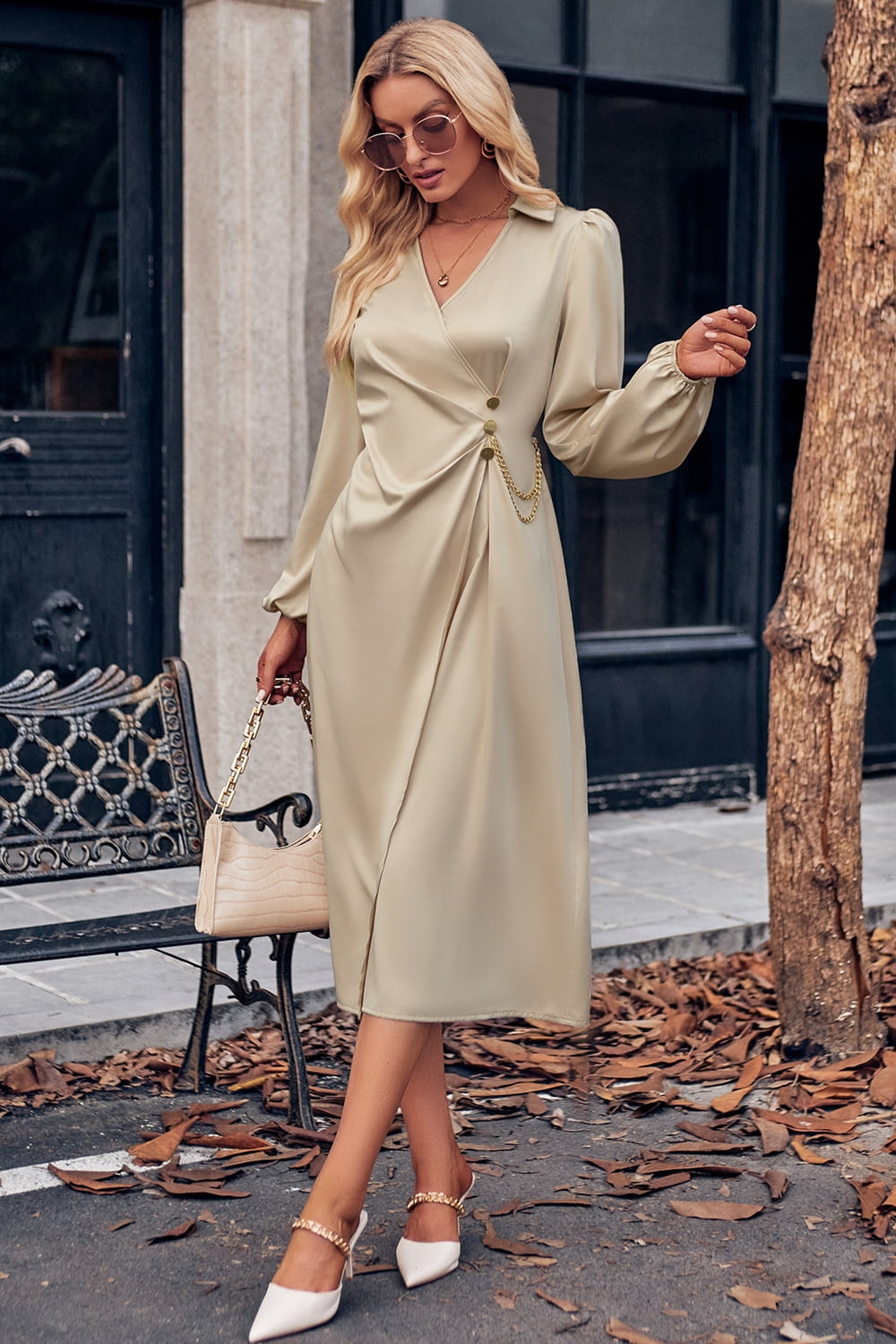 Surplice Neck Puff Sleeve Midi Dress