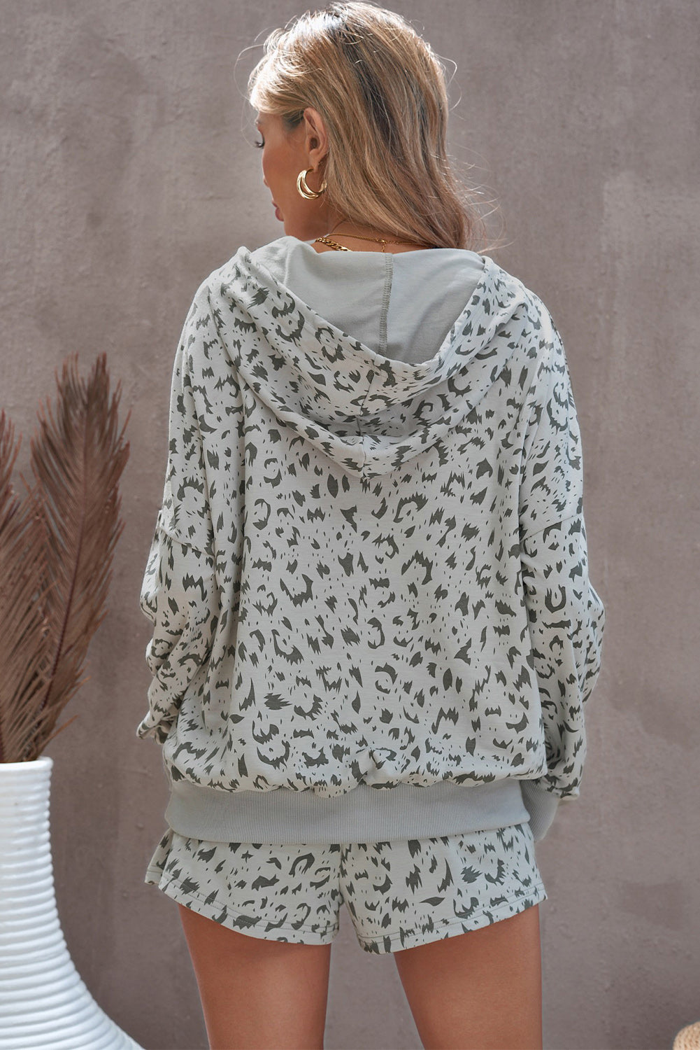 Animal Print Drawstring Detail Hoodie and Shorts Lounge Set