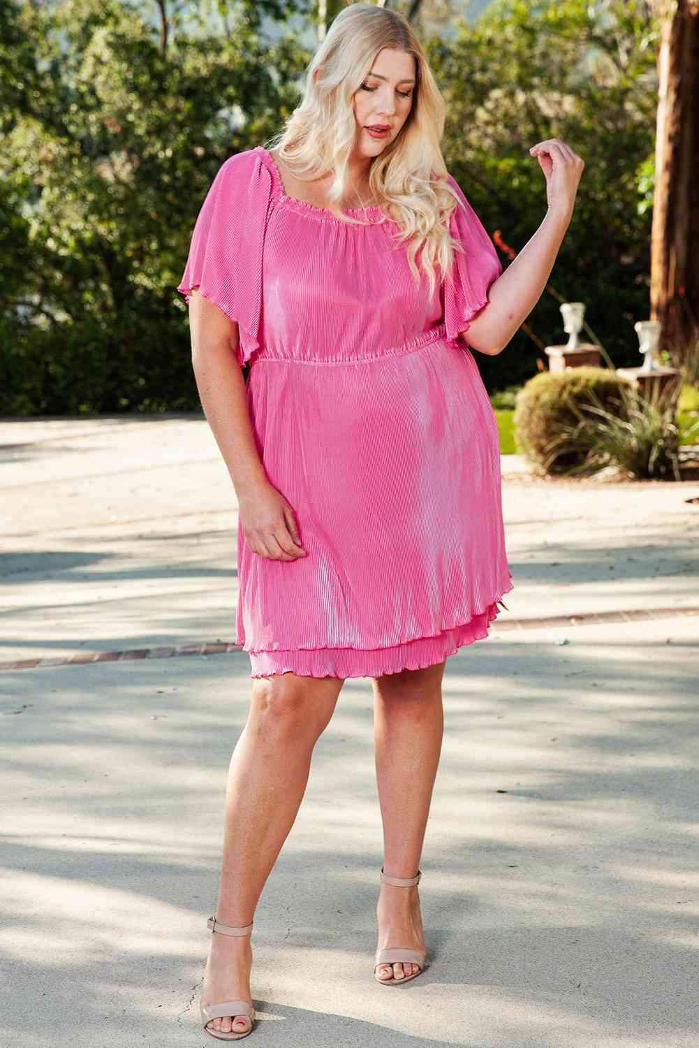 Plus Size Square Neck Frill Trim Flutter Sleeve Dress