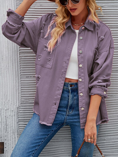 Distressed Raw Hem Button Up Denim Jacket