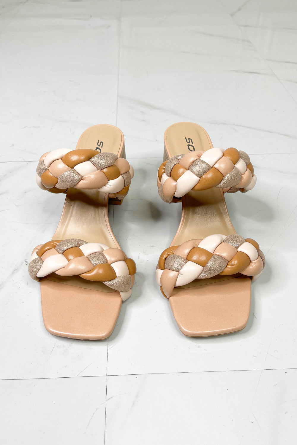 SODA Interwoven Ideas Braided Strap Block Heel Slide Sandal in Nude