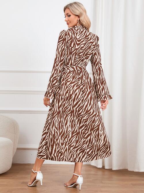 Animal Print Tie Front Ruffle Trim Dress