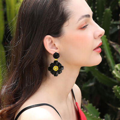 Bead PU Leather Stainless Steel Flower Earrings