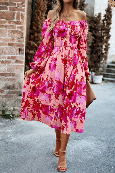 Printed Balloon Sleeve Midi Dress