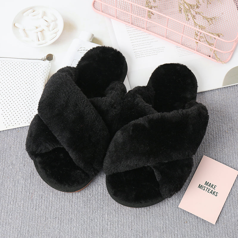 Faux Fur Crisscross Strap Slippers